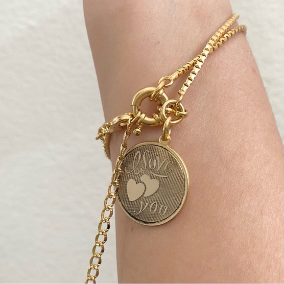 LK Gold-tone Double Chain “I Love You” Round name Plate Bracelet - Picture 3 of 15